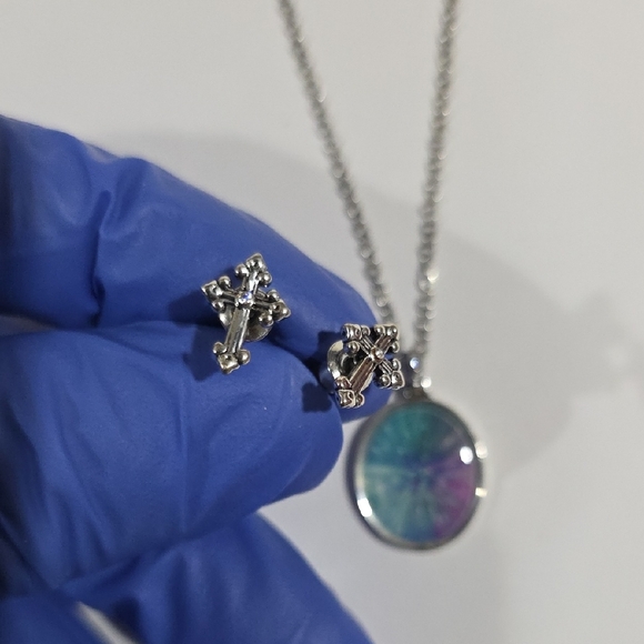 Silver Pendant Necklace with Blue & Purple Accents and Cross Stud Earrings - Picture 12 of 14